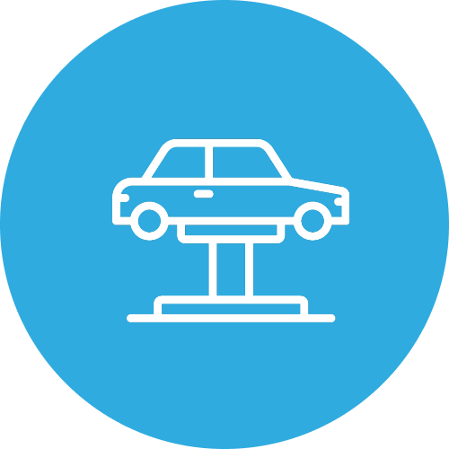 Icon of a car on a hydraulic lift, representing auto repair.