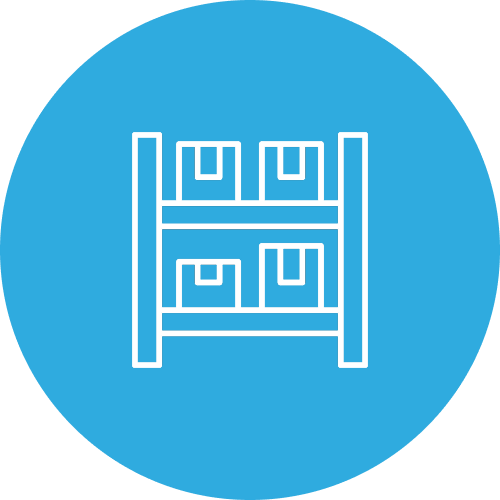 Icon of a bookshelf with three shelves holding boxes, on a blue circular background.