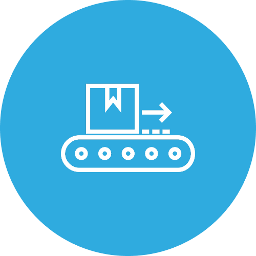 Icon of a conveyor belt with a package, symbolizing packaging or shipping.