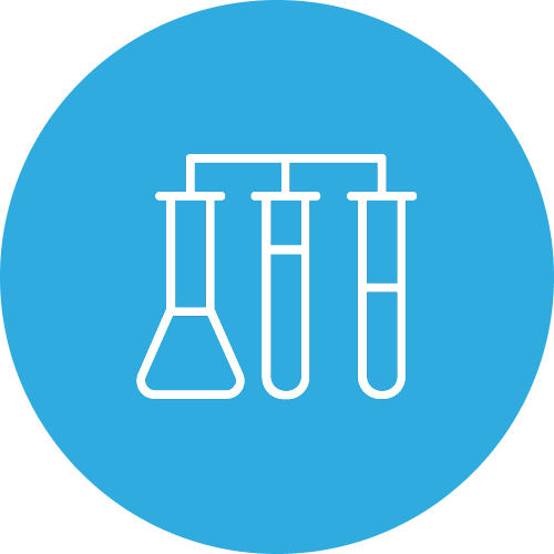 Icon of laboratory glassware, including a flask and two test tubes, connected in a test tube rack on a blue circular background.