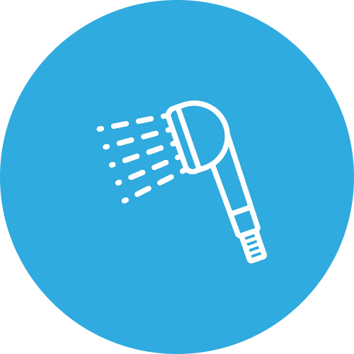 Icon of a handheld shower head with water spray on a blue circular background.