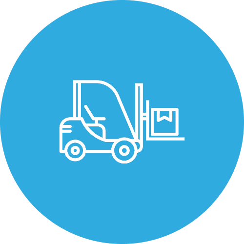 Icon of a forklift carrying a pallet with a picture on it, inside a blue circle.