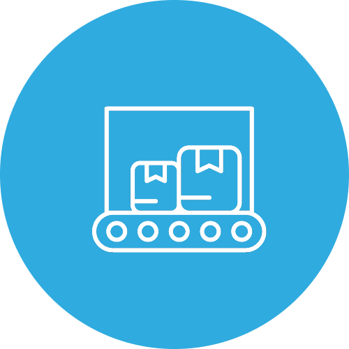 Icon of a conveyor belt with two packages on it, inside a blue circle.