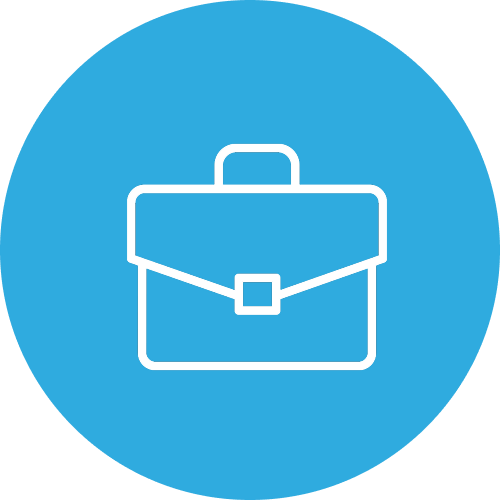 Icon of a briefcase inside a blue circular background.
