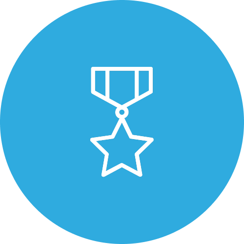 Outline of a medal with a star at the bottom on a blue circular background.