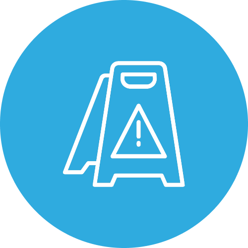 Blue circular icon with a white outline drawing of a caution wet floor sign.
