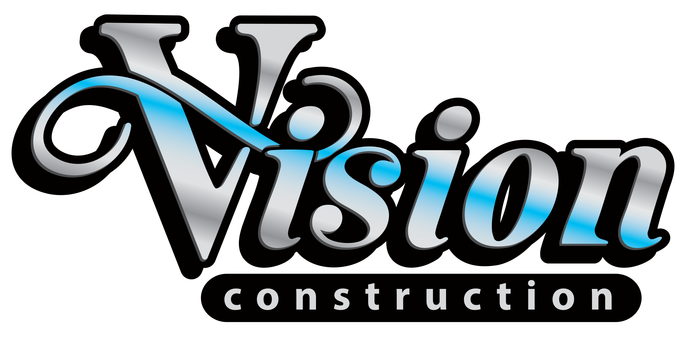 Logo of Vison Construction with stylized silver and blue text on a black background.