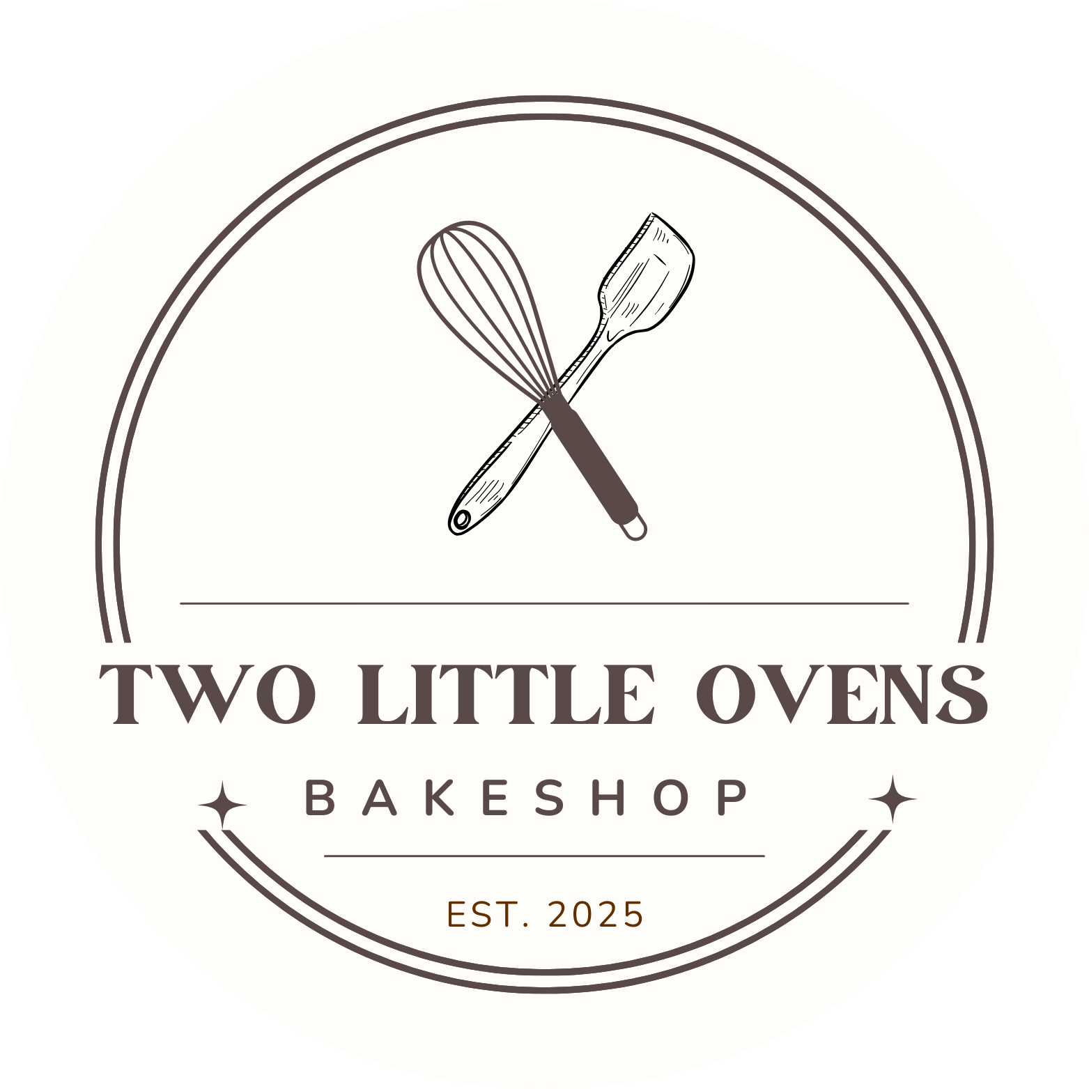 Logo for Two Little Ovens Bakeshop featuring crossed kitchen utensils and text stating 'EST. 2025'.