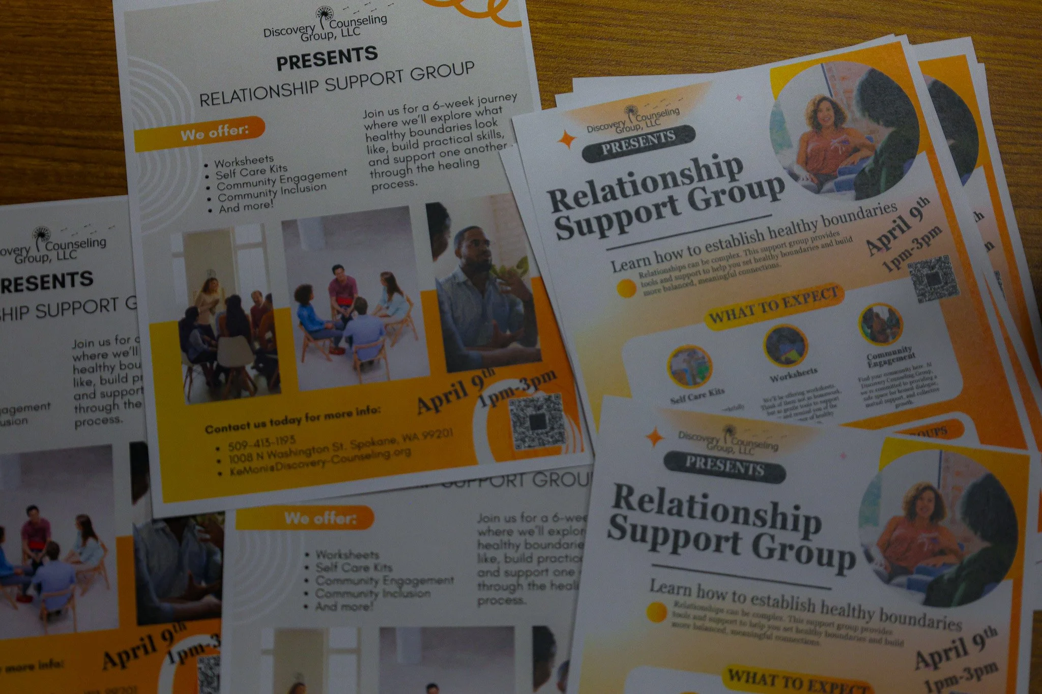 Flyers for a relationship support group event with details about date, time, location, and activities, featuring images of people in discussion.