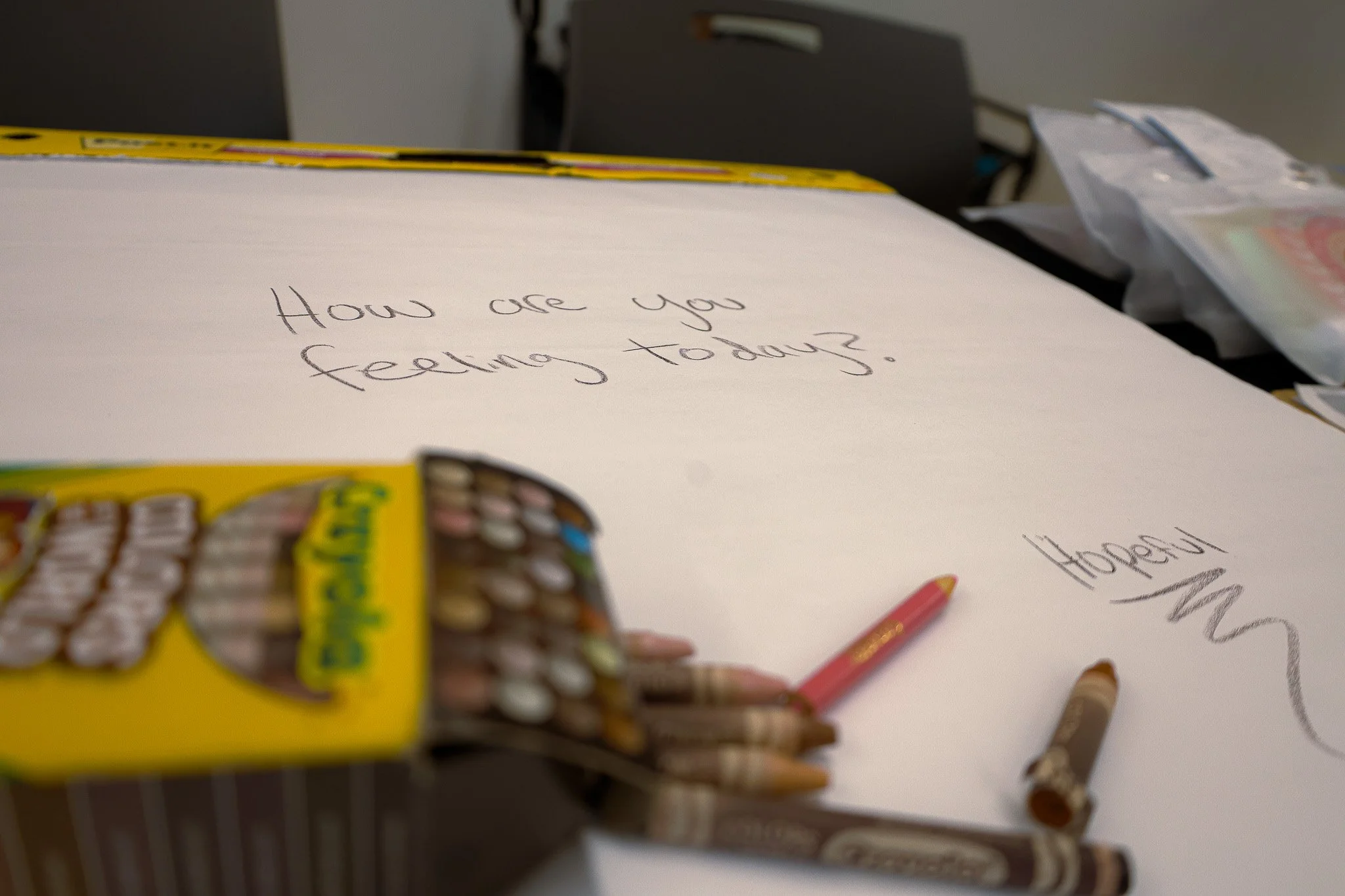 Close-up of a handwritten note on white paper saying 'How are you feeling today?' with a pack of Crayola colored pencils nearby, and some other notebooks and art supplies in the background.