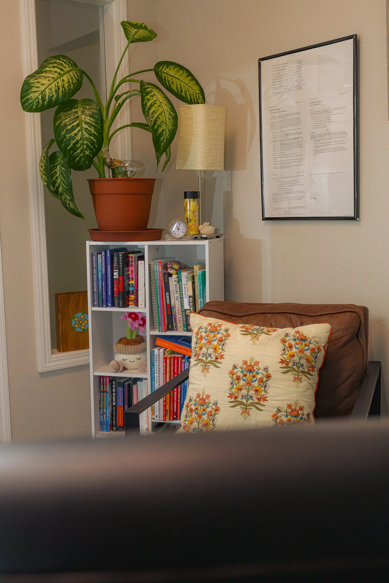 A living room corner with a large potted plant, a white bookshelf filled with books and decorative items, a pillow with orange floral embroidery on a brown armchair, a framed chart on the wall, a beige lampshade, and a small clock, visible through a partially obscured view.