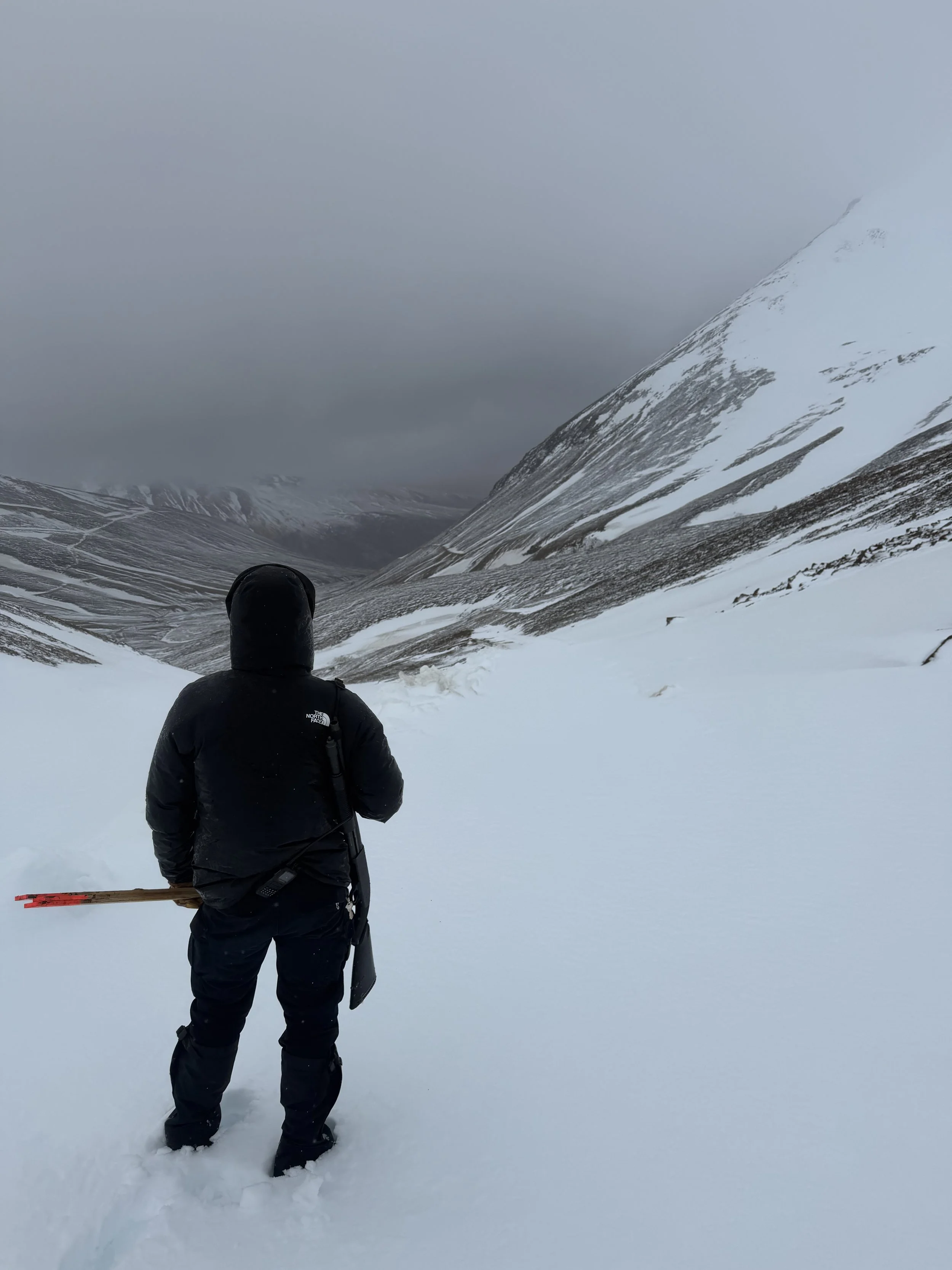 A person dressed in black winter clothing standing in a snowy mountain landscape, holding skis, with snow-covered mountains and cloudy sky in the background.