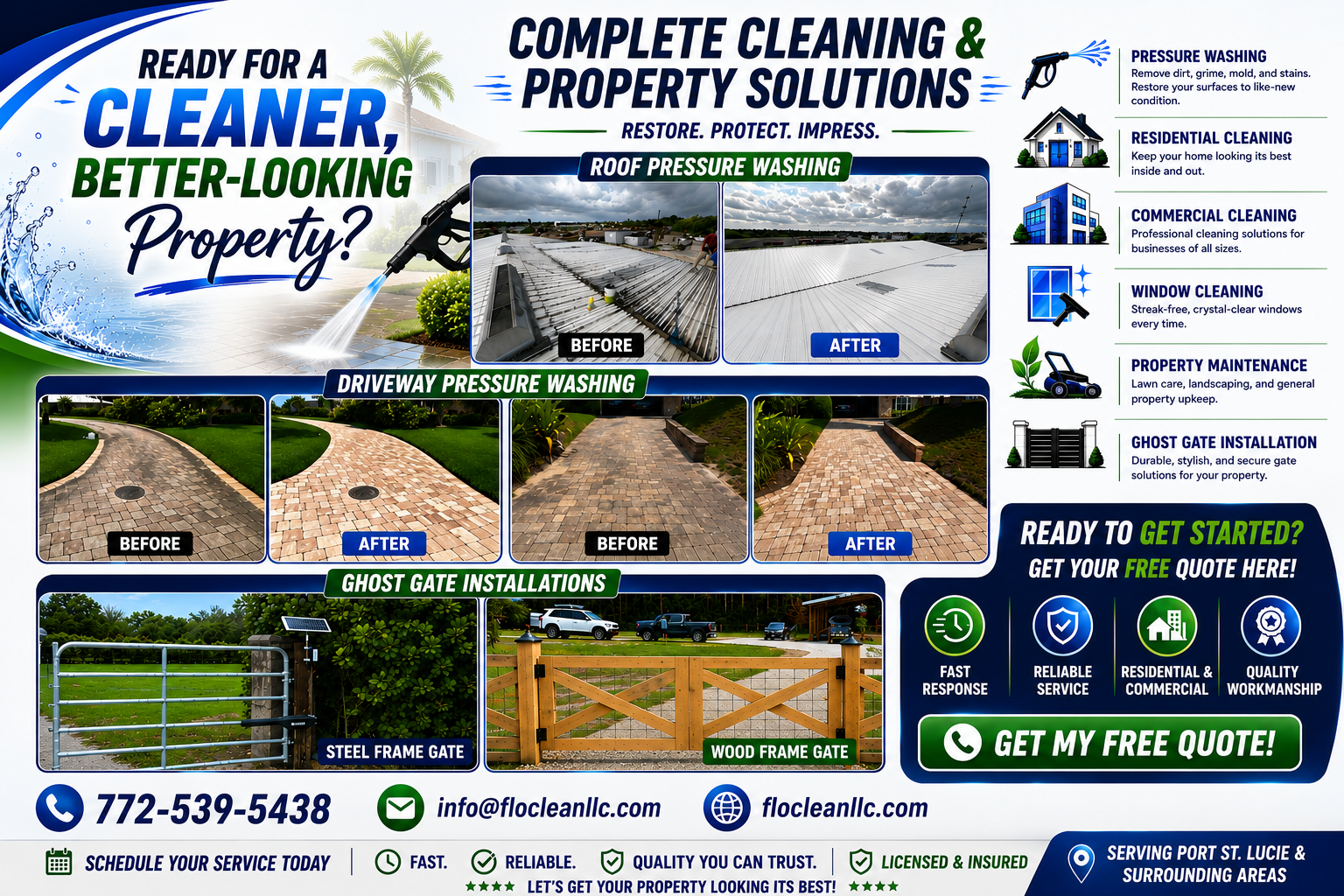 An advertisement for property cleaning and maintenance services showing before and after images of roof, driveway, and gate pressure washing. It highlights services like residential, commercial cleaning, window cleaning, property maintenance, and ghost gate installations. Contact info and a call to action to get a free quote are included.