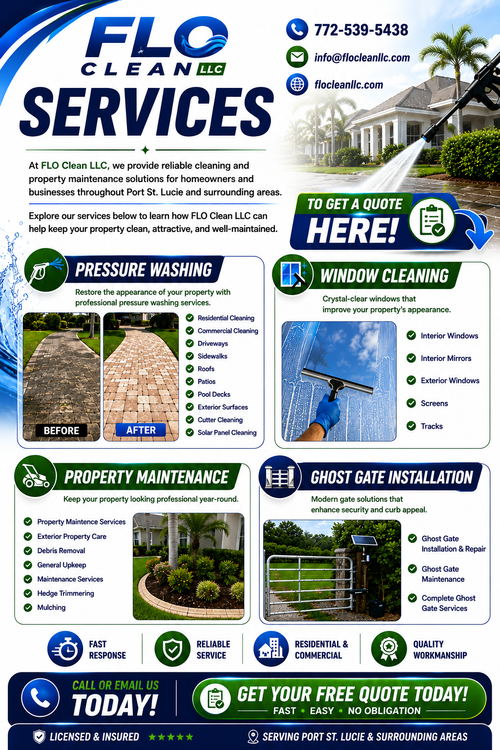 Flyer for FLO Clean LLC services including pressure washing, window cleaning, property maintenance, and ghost gate installation, featuring contact information and service details.