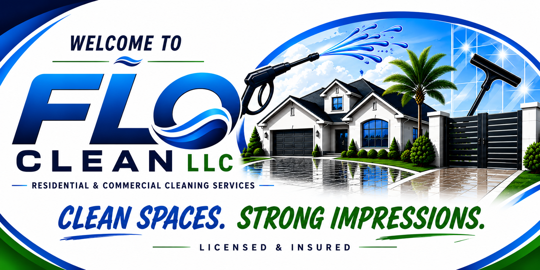 Advertising banner for Flood Clean LLC, a residential and commercial cleaning service. Features a house, a palm tree, a pressure washer, and cleaning tools. Promotes clean spaces and strong impressions.