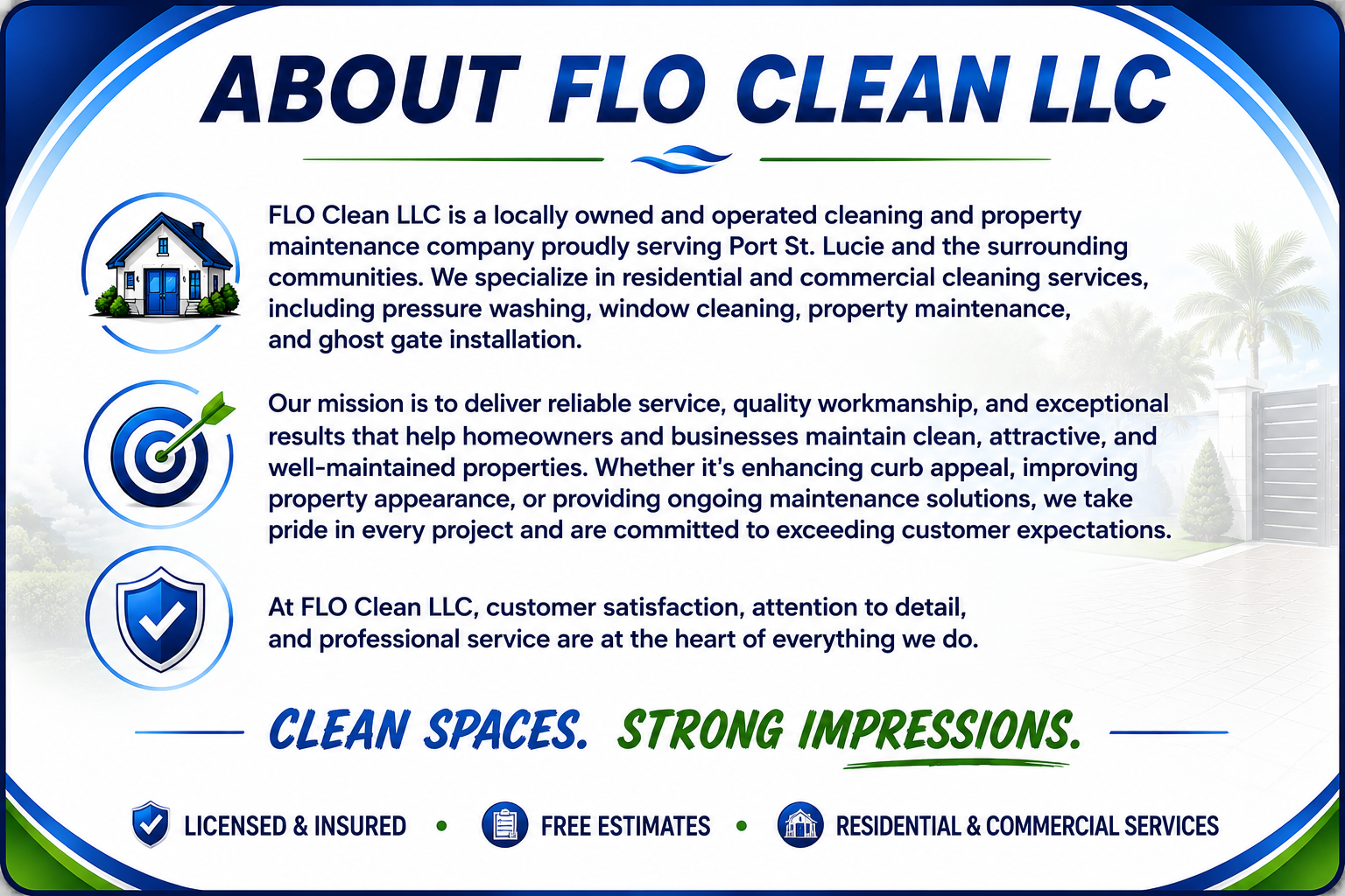 A promotional flyer for FLO Clean LLC features a white background with blue and green accents. It has a house icon, a target icon with an arrow, and a shield icon with a checkmark, alongside text describing the company's services, mission, and values. The flyer emphasizes residential and commercial cleaning, customer satisfaction, licensed and insured status, free estimates, and services offered.