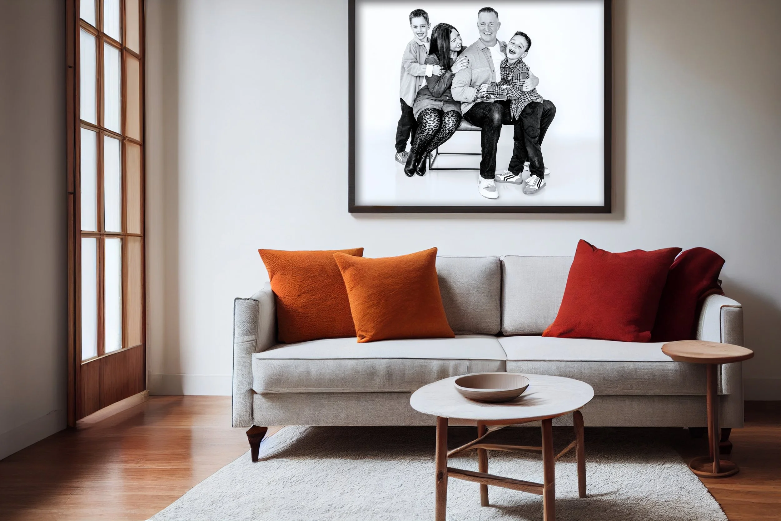 Living room with beige sofa and three orange pillows, a round white coffee table, a small round side table, and a large black and white family portrait hanging on the wall.