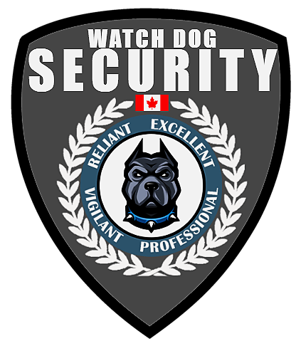 Watchdog security badge featuring a black dog with a blue collar, surrounded by a laurel wreath, with words 'Reliable,' 'Excellent,' 'Vigilant,' 'Professional' around it. A small Canadian flag at the top.