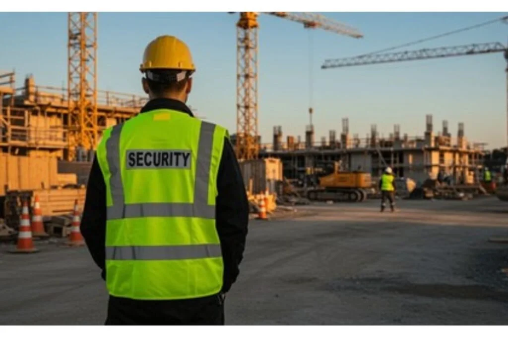 Security guard in neon yellow vest and yellow helmet overseeing a construction site with cranes and workers