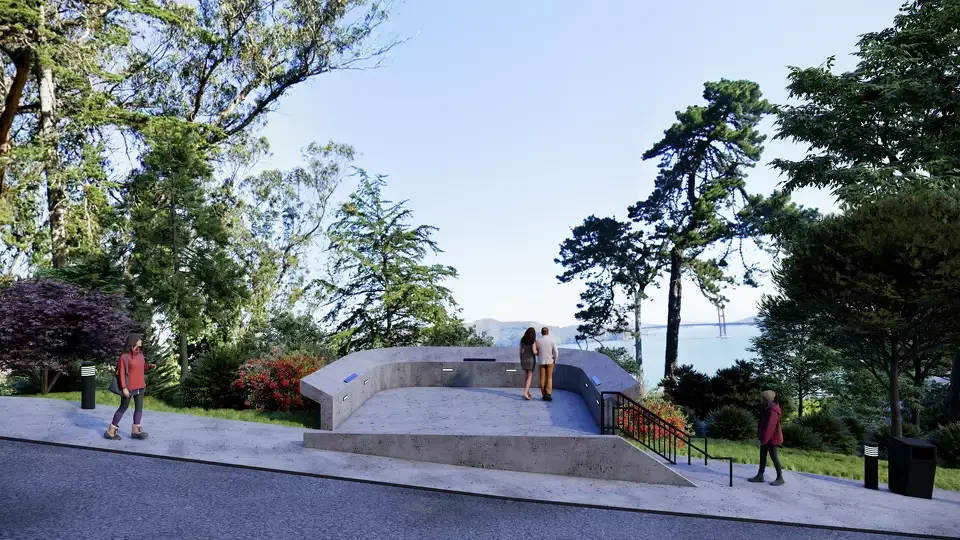 Phase 1 view of the planned SF Irish Famine Memorial platform at Lincoln Park overlooking the Golden Gate Bridge.