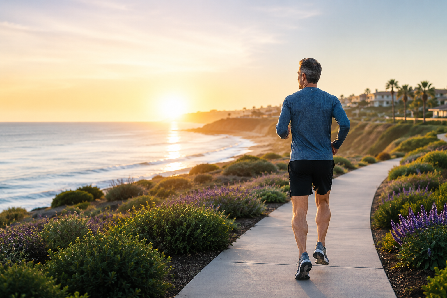 A man jogging on a paved path along the beach at sunset, with houses and palm trees in the background.