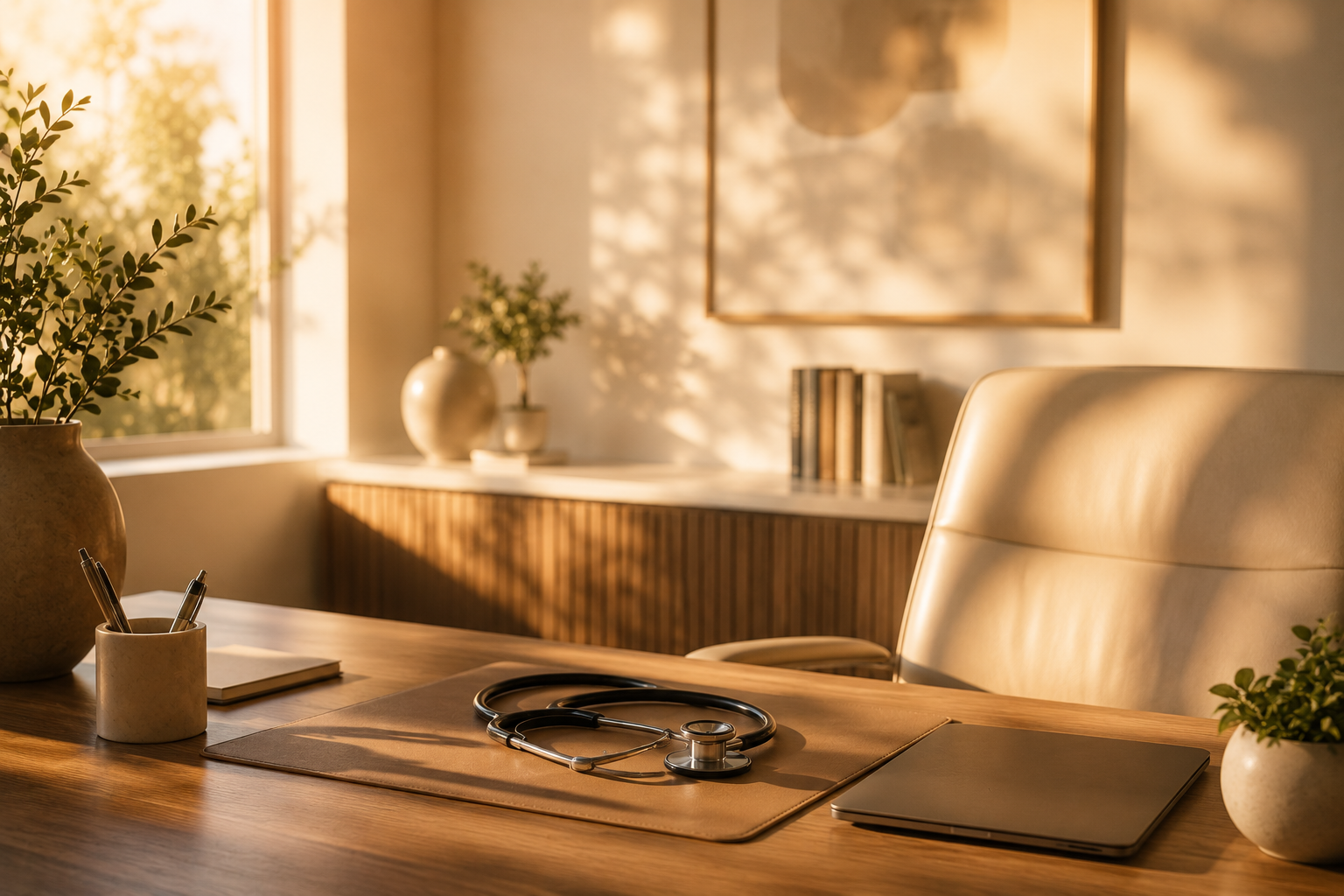 A medical office desk with a stethoscope, notebook, laptop, and pens, illuminated by warm sunlight, with plants and books in the background.