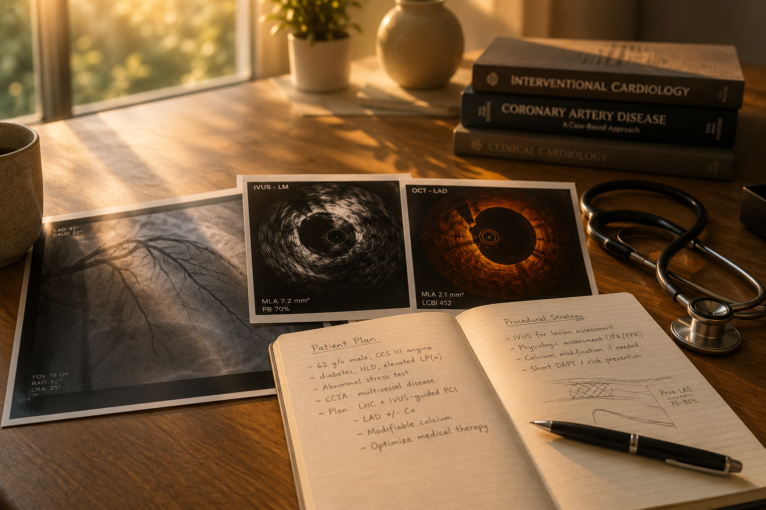 A desk with medical documents, including an open patient plan notebook, a photo print of a heart ultrasound, and two eye scans labeled with technical data. There is a stethoscope, three medical books about cardiology, a cup, and a potted plant near a window with sunlight.