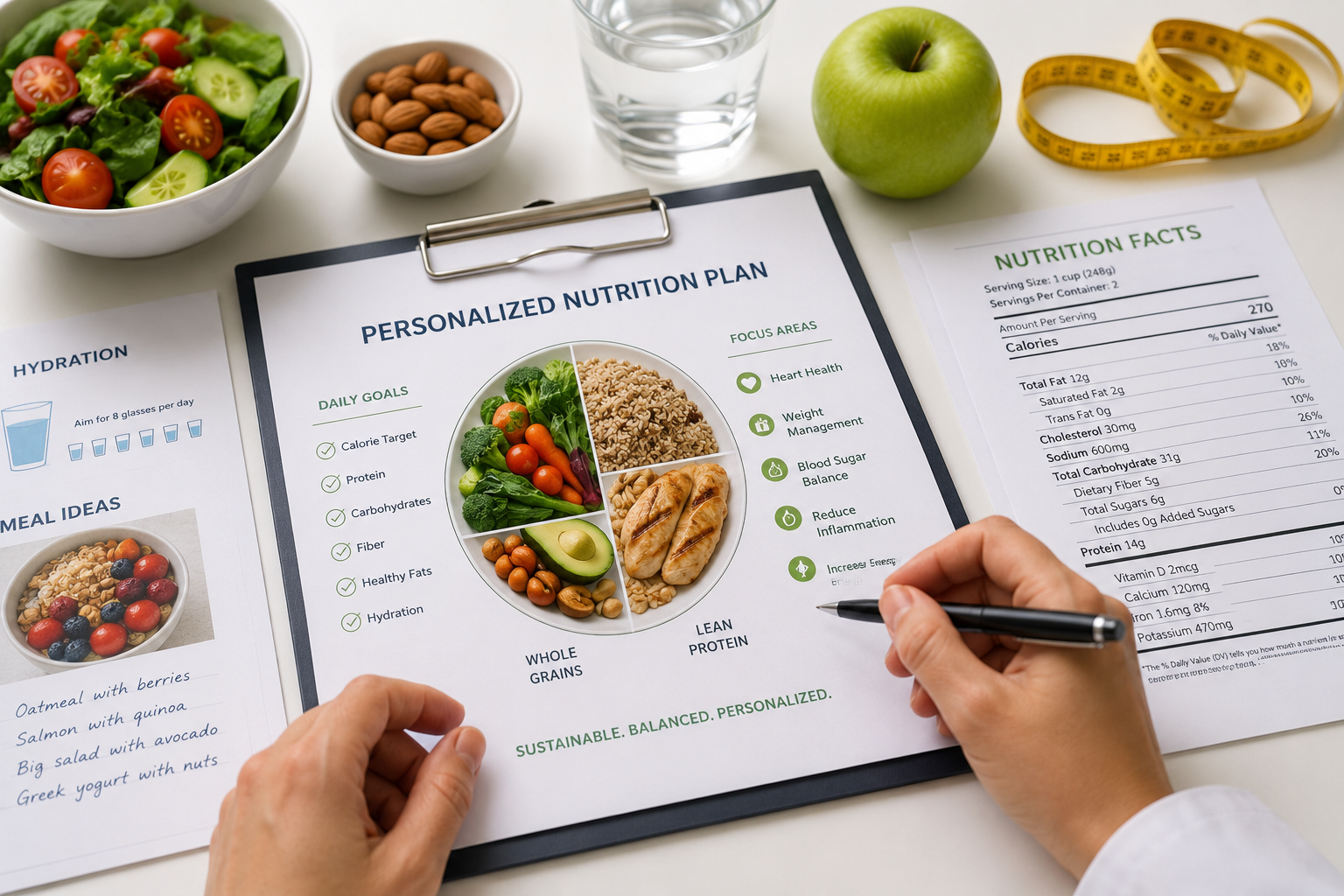 Person reviewing personalized nutrition plan on clipboard, surrounded by salad, almonds, water, green apple, and measuring tape.
