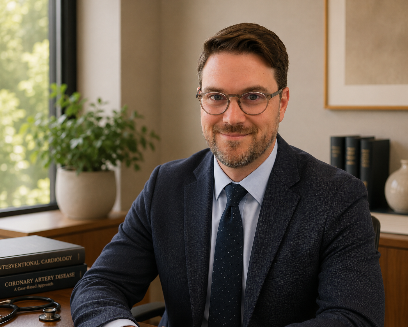 A man with glasses and a beard wearing a navy blazer, light blue shirt, and dark tie sitting at a desk in an office with a window, potted plant, and medical books in the background.