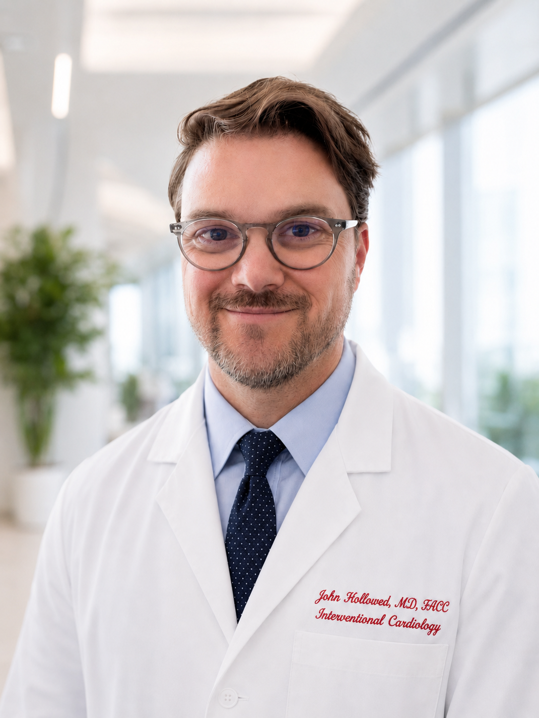 A smiling male doctor with glasses, wearing a white coat with embroidered name and specialty, in a bright, modern medical office.