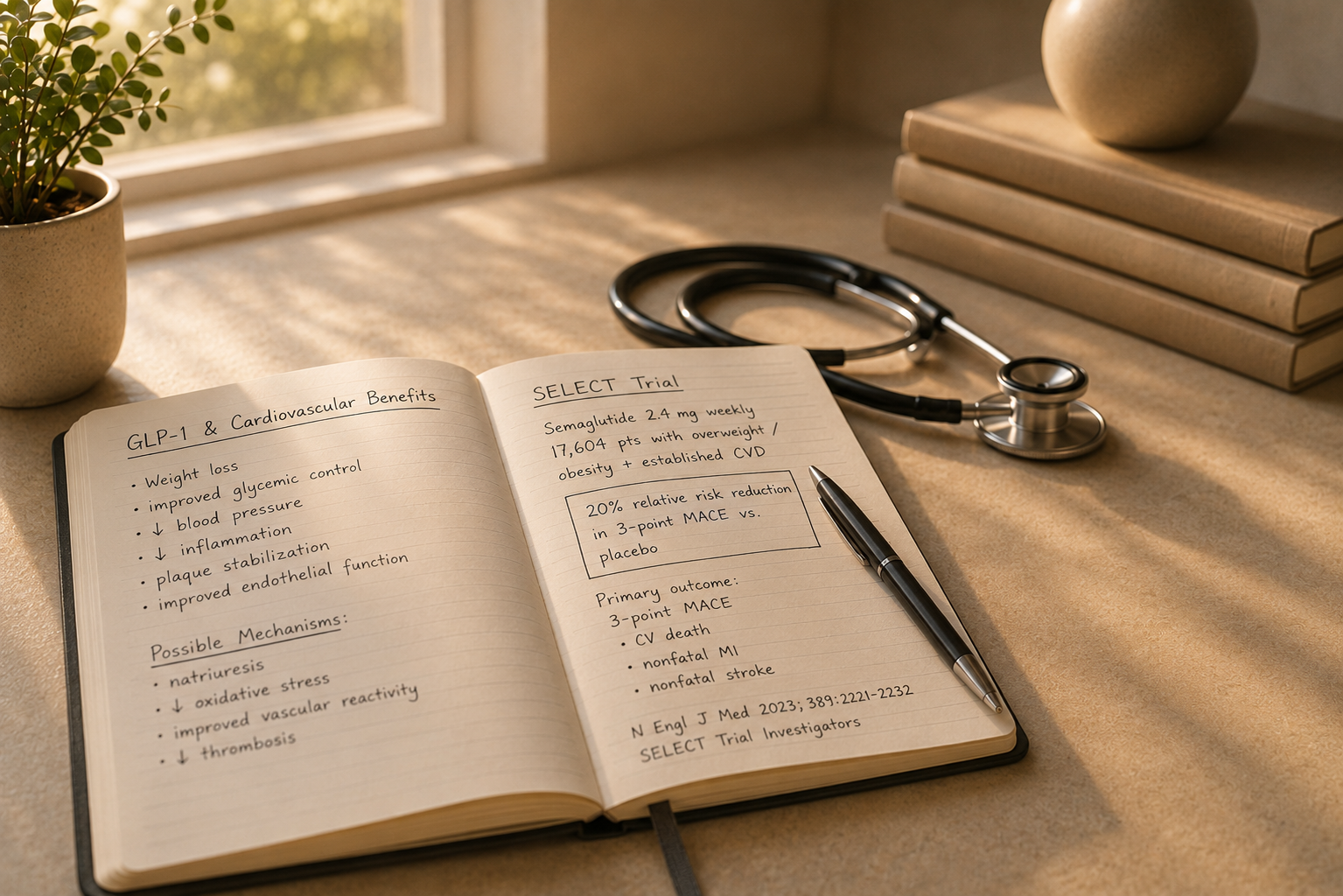 An open notebook on a desk with handwritten notes about cardiovascular benefits and a SELECT trial. A stethoscope is beside the notebook, and behind it are stacked books, a small decorative ball, and a potted plant. Sunlight streams through a window.