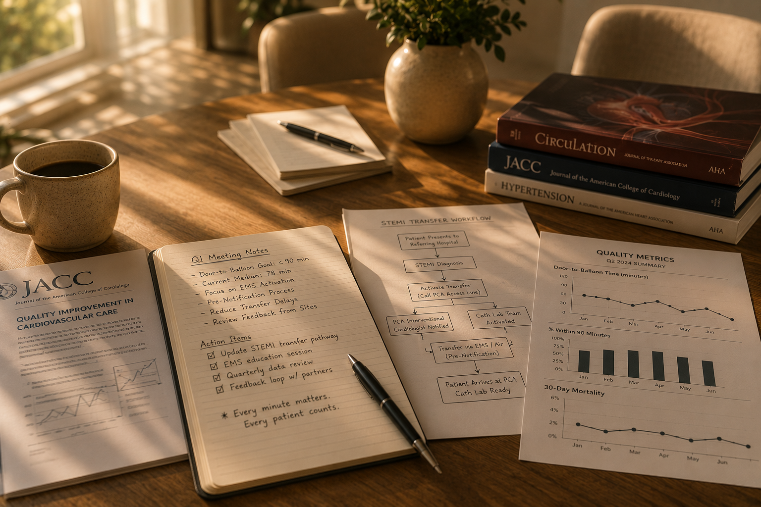 Wooden table with a cup of coffee, a notebook titled 'Q1 Meeting Notes' with a pen, a pamphlet titled 'STEMI Transfer Workflow,' a report with charts and graphs showing quality metrics, and a stack of medical journals related to cardiology.