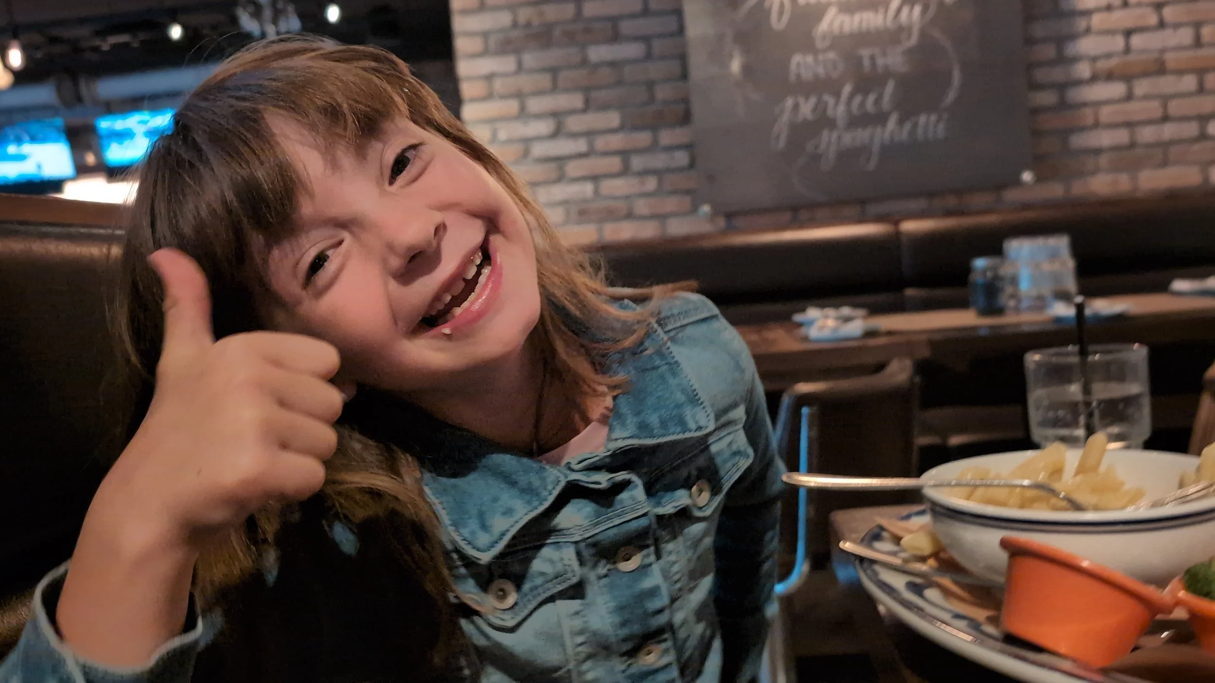 My sister giving her Scaddabush butter noodles a thumbs up!
