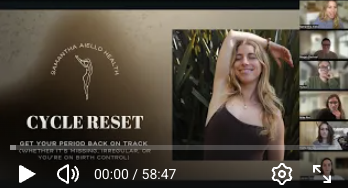 Screenshot of a virtual presentation titled 'Cycle Reset' by Samantha Aielo O'Neill, featuring a smiling woman with blonde hair, set against a background of greenery, with four other participants in smaller video windows.