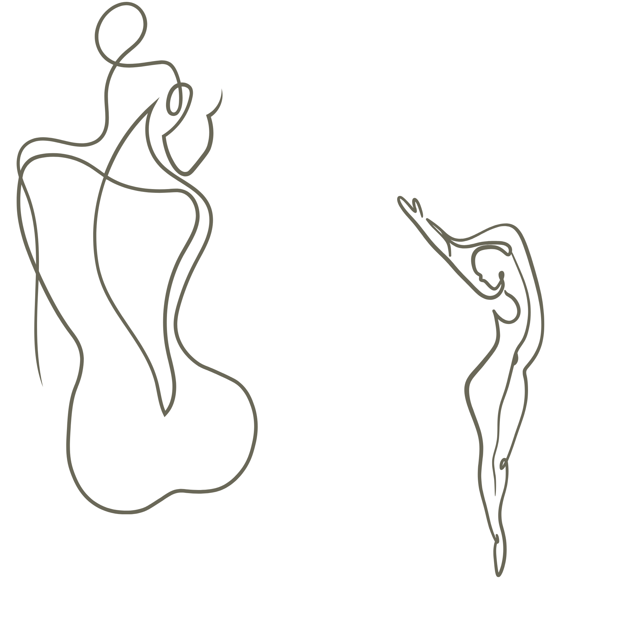A digital line art illustration of a woman with long flowing hair, resting her chin on her knee, in a minimalistic style.