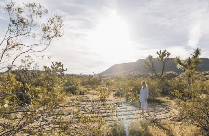 A woman practicing yoga in a desert landscape with desert plants and mountains in the background during sunset.