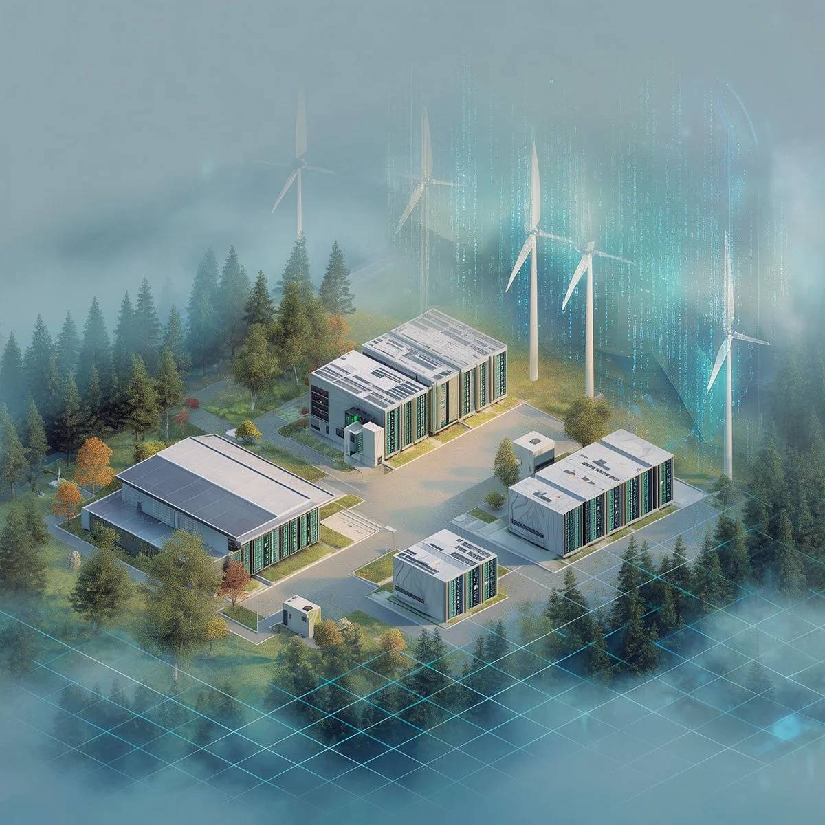 A digital illustration of a sustainable data center with wind turbines and trees surrounding it, with digital data streams and wind turbines in the background.