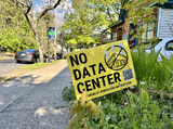 Yellow sign stating 'No Data Center' with an arrow pointing right, positioned on a grassy area next to a residential street.