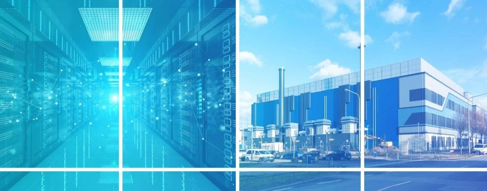 Split view of a data center with server racks on the left and a modern industrial building on the right under a partly cloudy sky.