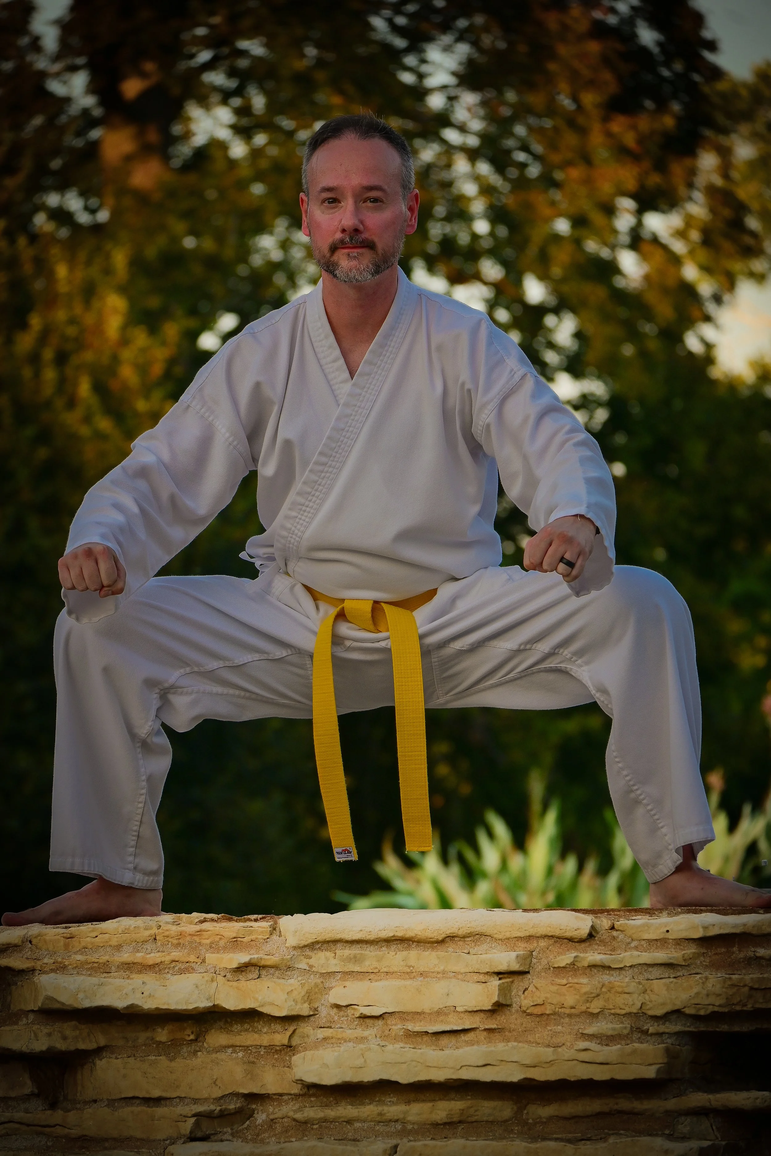 A man in a white martial arts uniform with a yellow belt practicing martial arts outdoors, standing in a low squat with clenched fists, against a background of autumn trees and a stone surface.