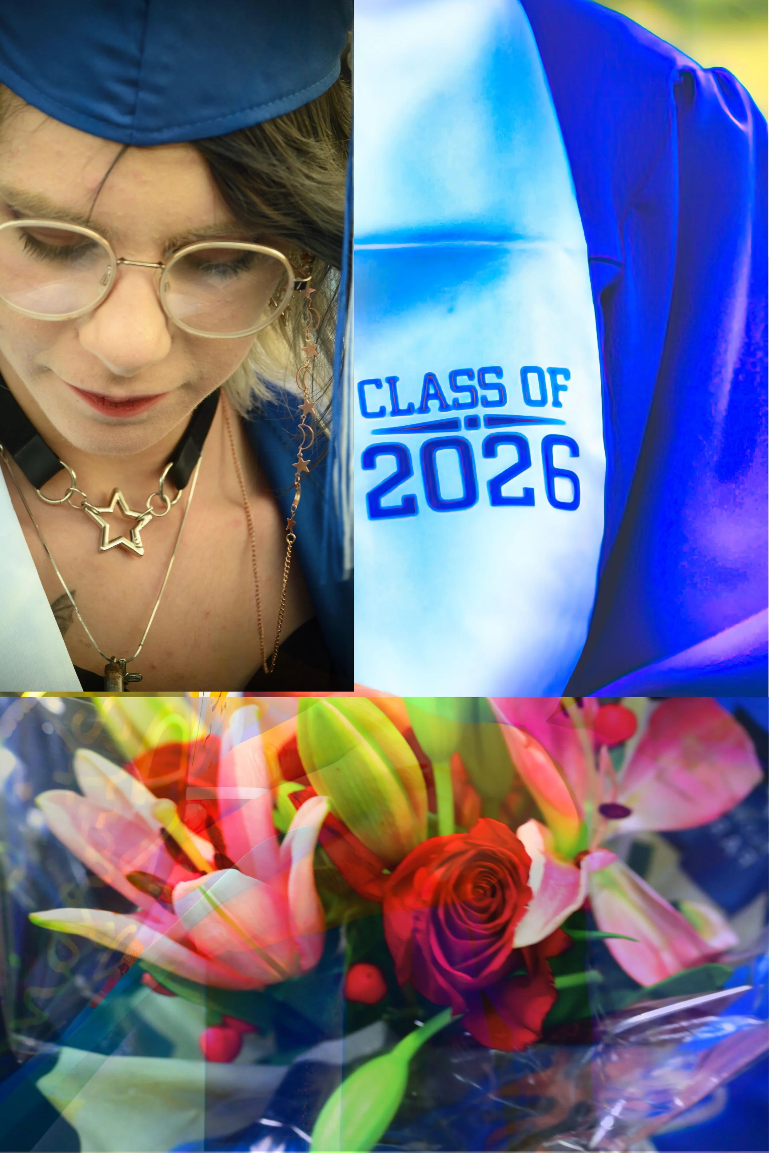 Close-up of a person wearing glasses and a blue cap, with a bouquet of colorful flowers including roses and lilies in the foreground. The person's face is partially visible with a slight downward tilt.