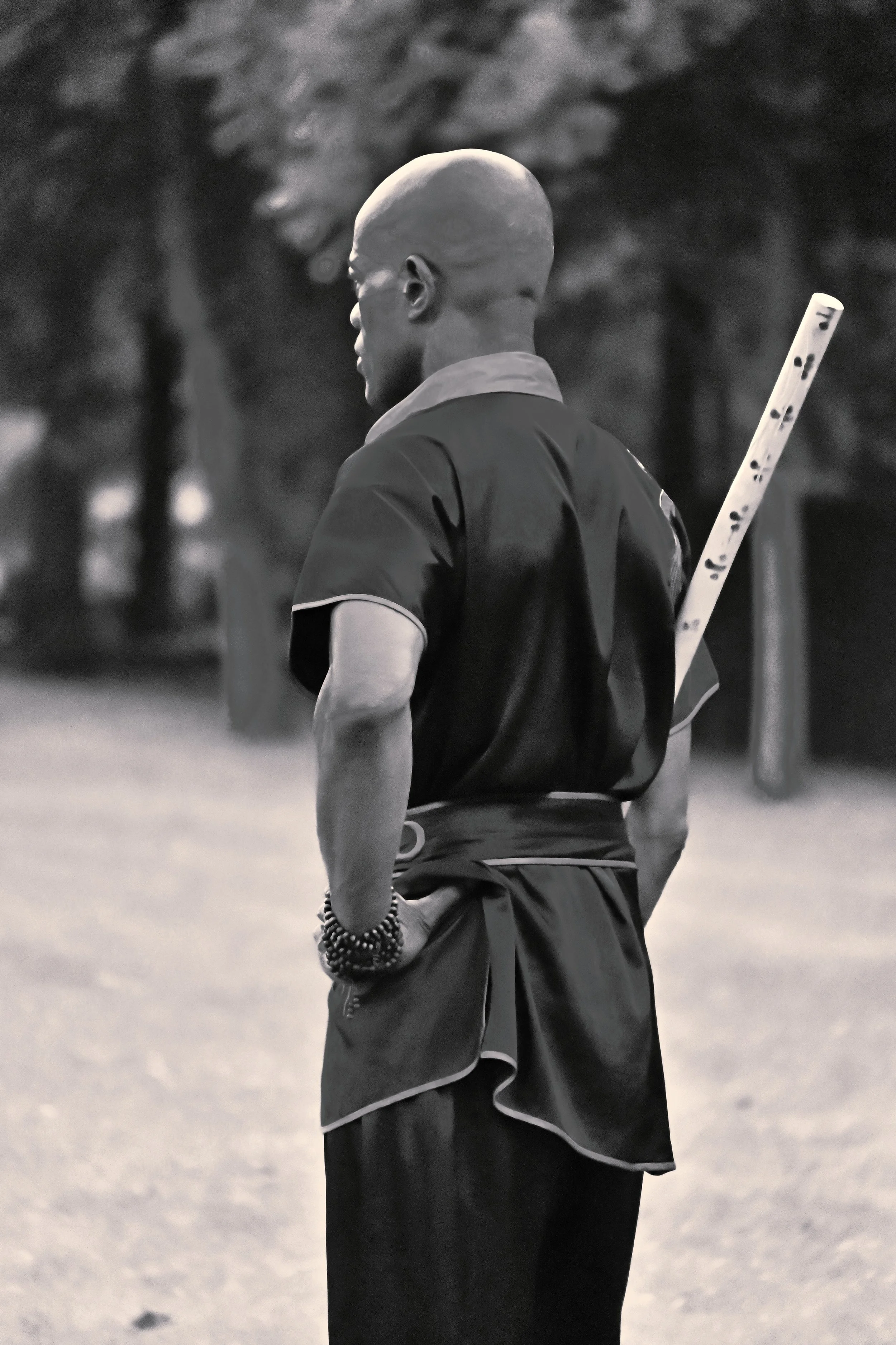 A person with a shaved head wearing a short-sleeved shirt and shorts, holding a baseball bat over their shoulder, standing outdoors with a blurred background of trees.