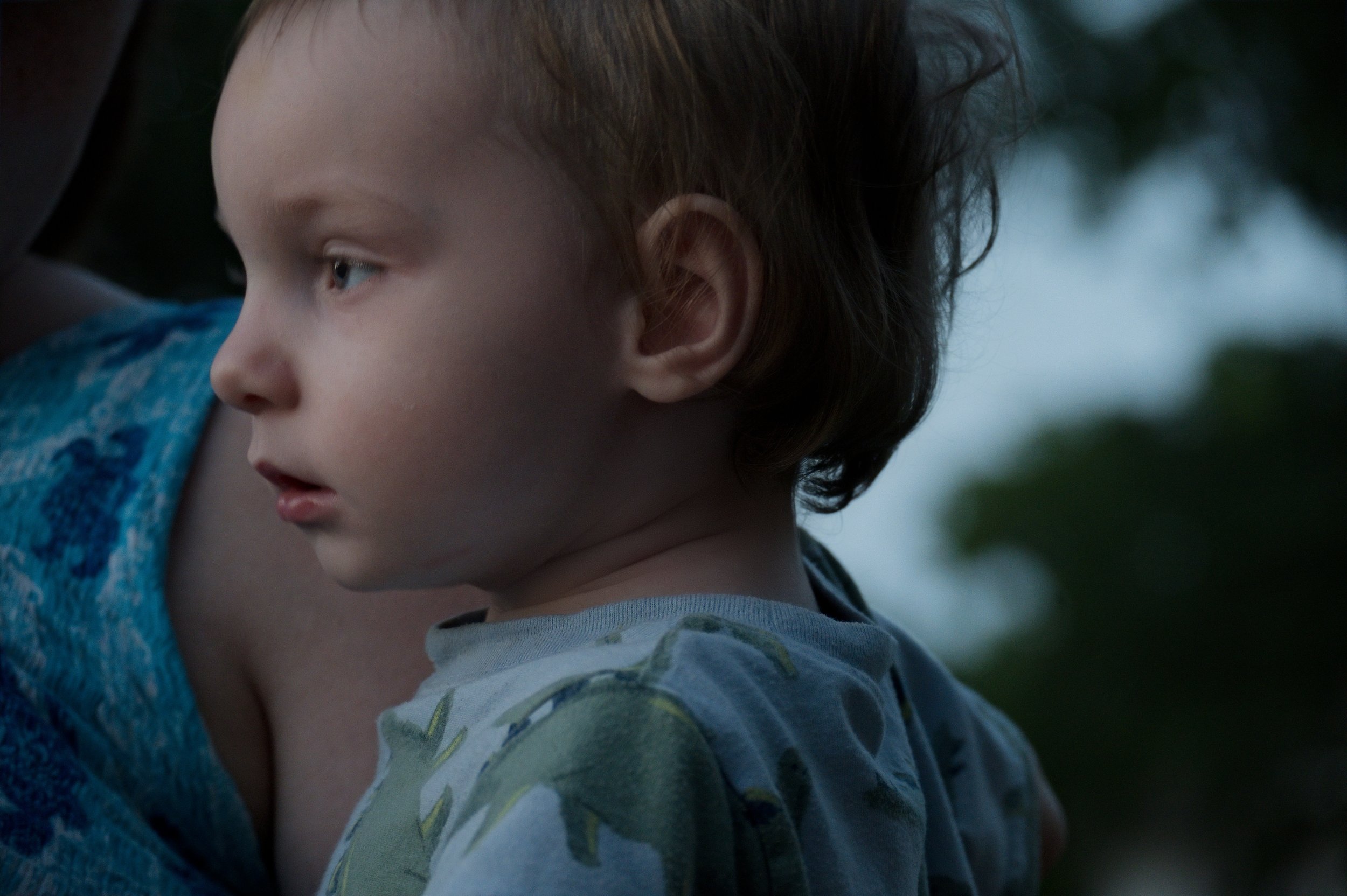 A young child with brown hair and a chubby face gazes to the side, resting their head on an adult's shoulder, with a blurred natural outdoor background.