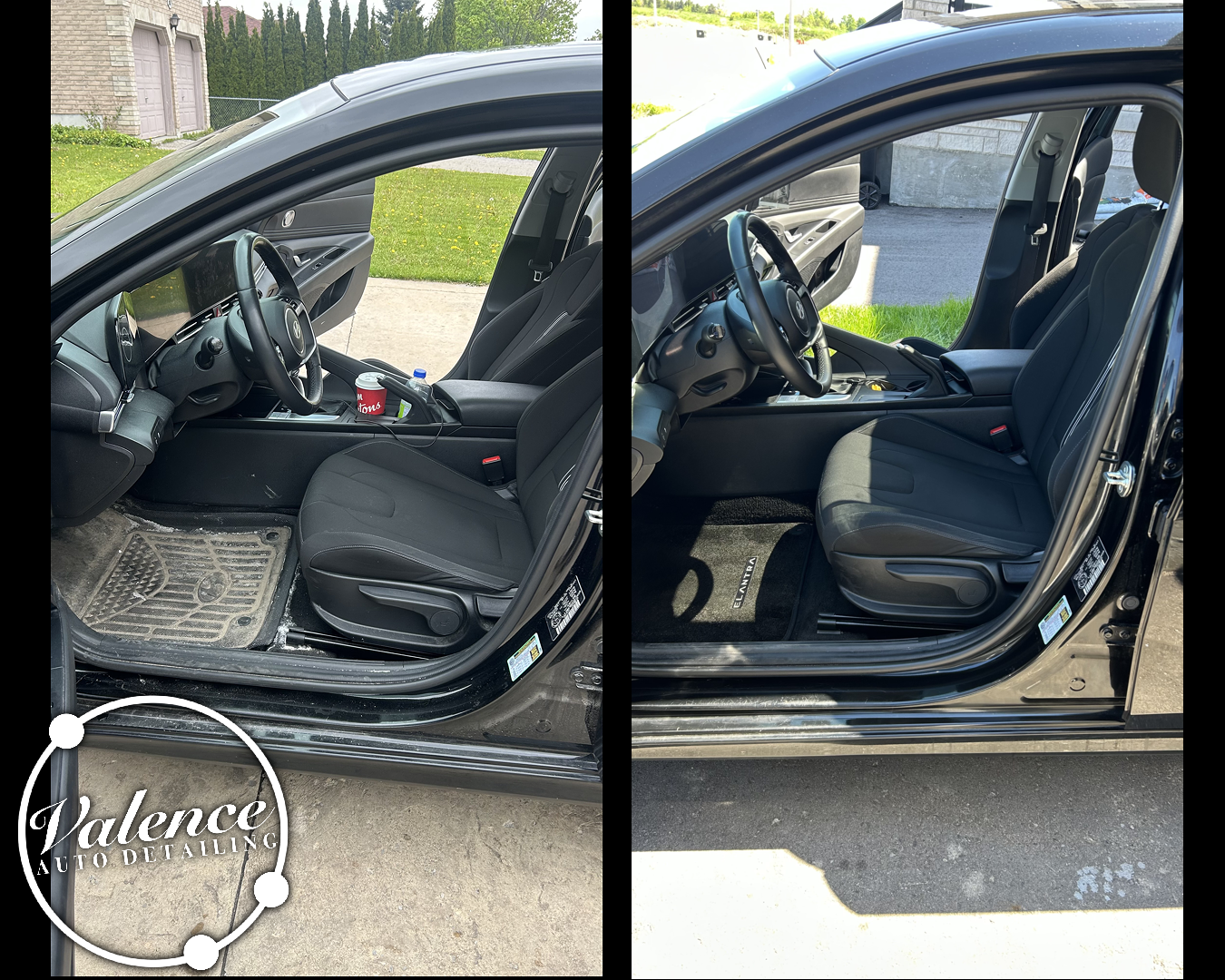 Side-by-side comparison of the interior of a black Hyundai car before (left) and after (right) detailing. The iInterior appears cleaner and more polished in the after photo, with visible improvement in the dashboard, seats, and floor mats.