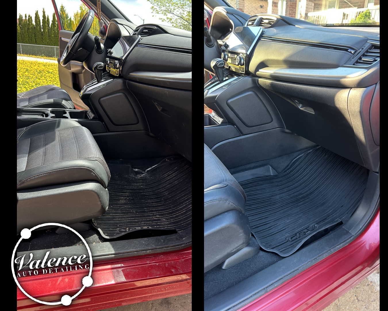 Comparison of car interior door sills with and without floor mats, showing the vehicle's dashboard, seats, and floor area.