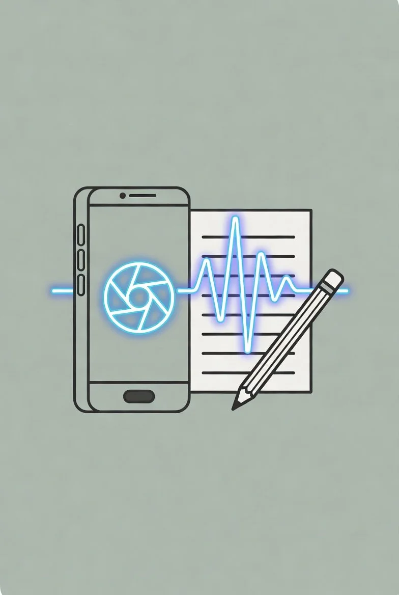 Digital illustration of a smartphone, a line graph with a pulse, a sheet of paper with lines, a pencil, and a neon camera icon, symbolizing health, technology, and photography.