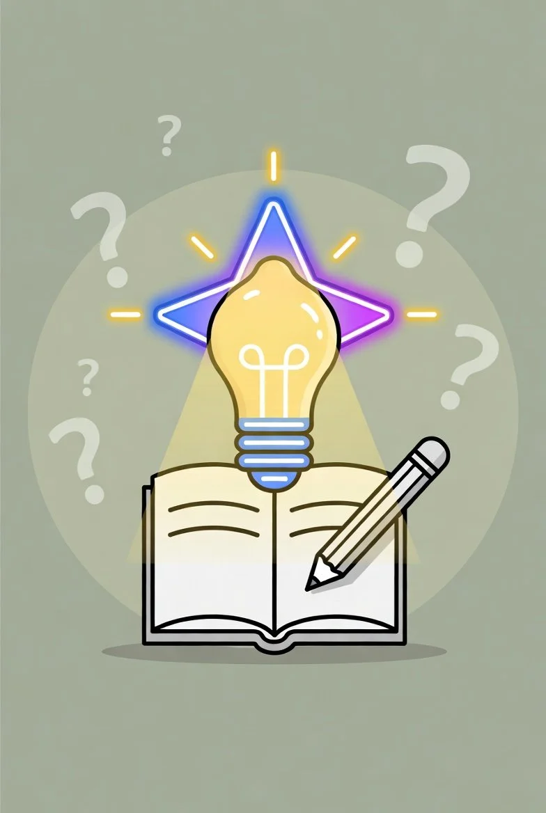 Outline of an open book with a pencil on it, a lit light bulb above the book, and a neon star behind the light bulb, surrounded by question marks.
