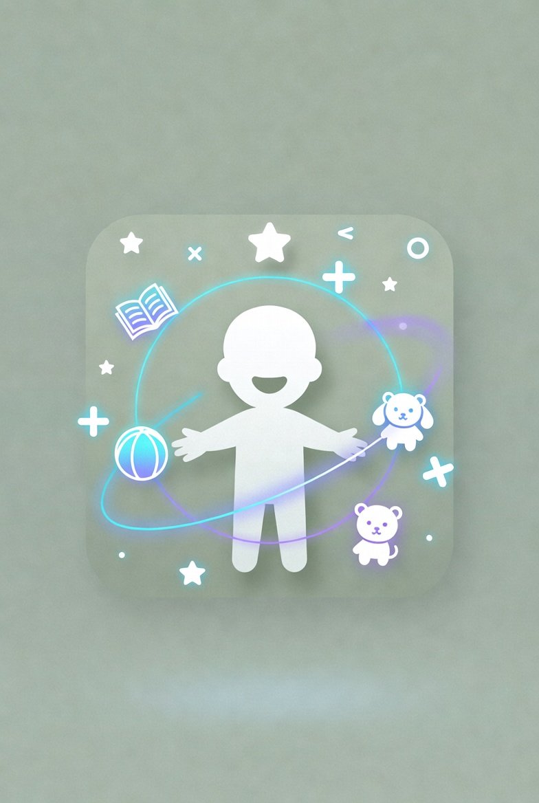 A digital illustration of a happy child with open arms, surrounded by stars, a book, a ball, and two plush toys, with a cosmic theme.