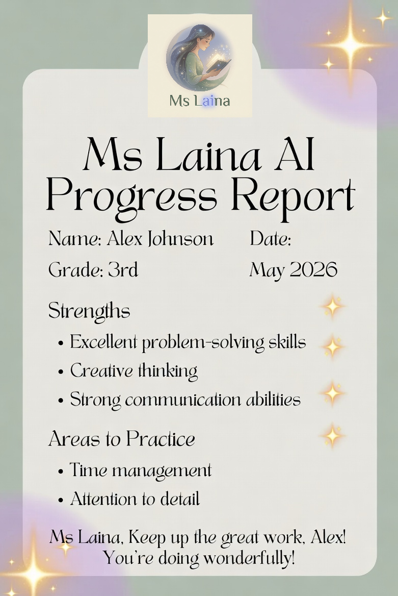 A colorful report card titled 'Ms Laina AI Progress Report' for student Alex Johnson, dated May 2026, with strengths in problem-solving, creative thinking, and communication, and areas to practice in time management and attention to detail, decorated with star illustrations.