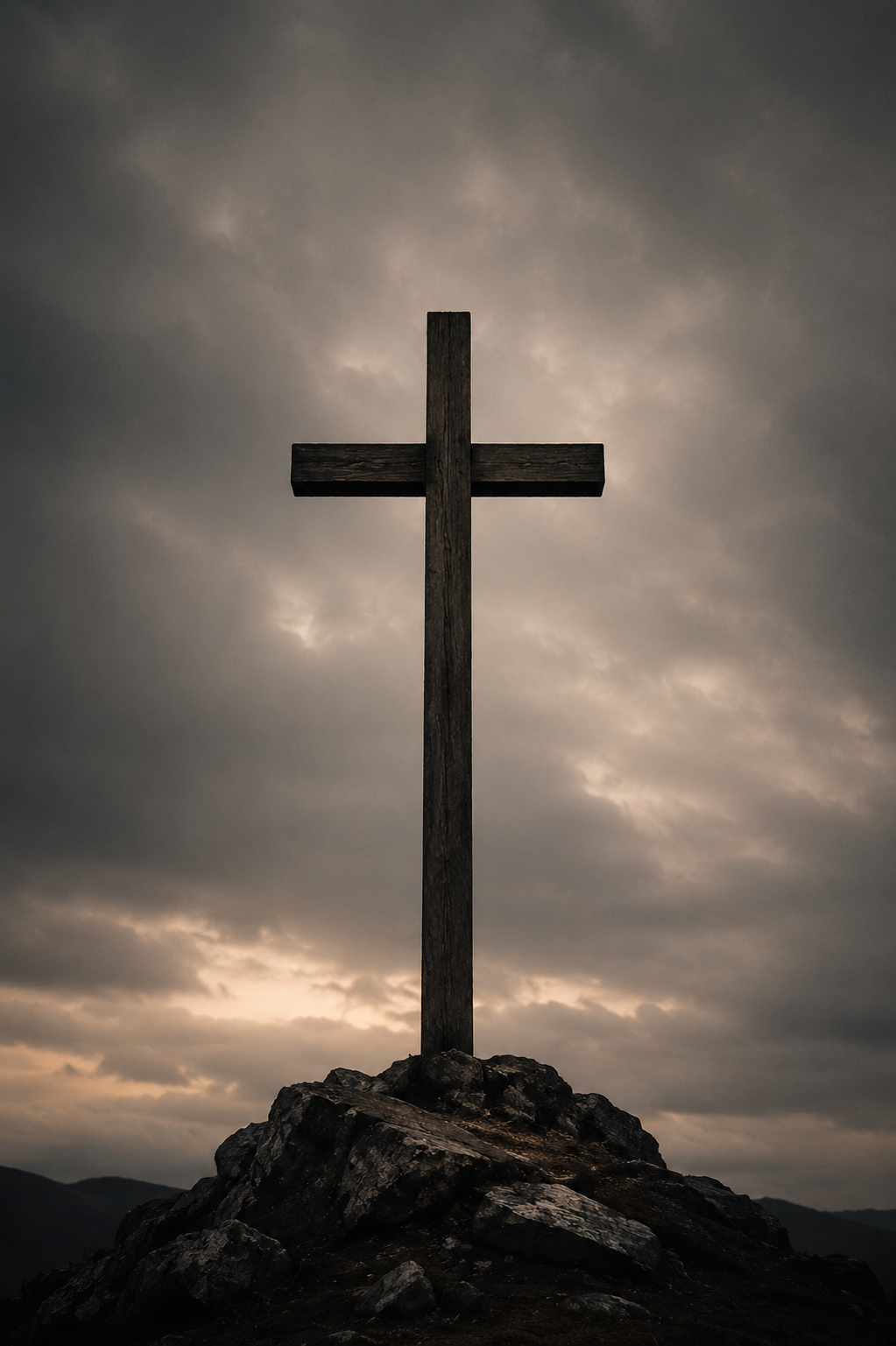 A wooden cross on a rocky hilltop silhouetted against a cloudy, dark sky.